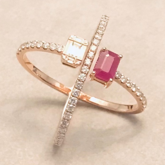 14K Rose Gold Genuine Diamond & Ruby X Ring - Picture 1 of 13